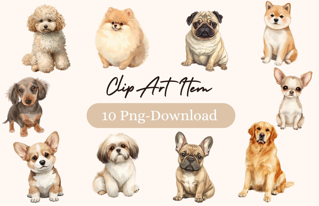 「お座りしている犬」水彩アンティーク風クリップアート10点セット　PNG背景透過