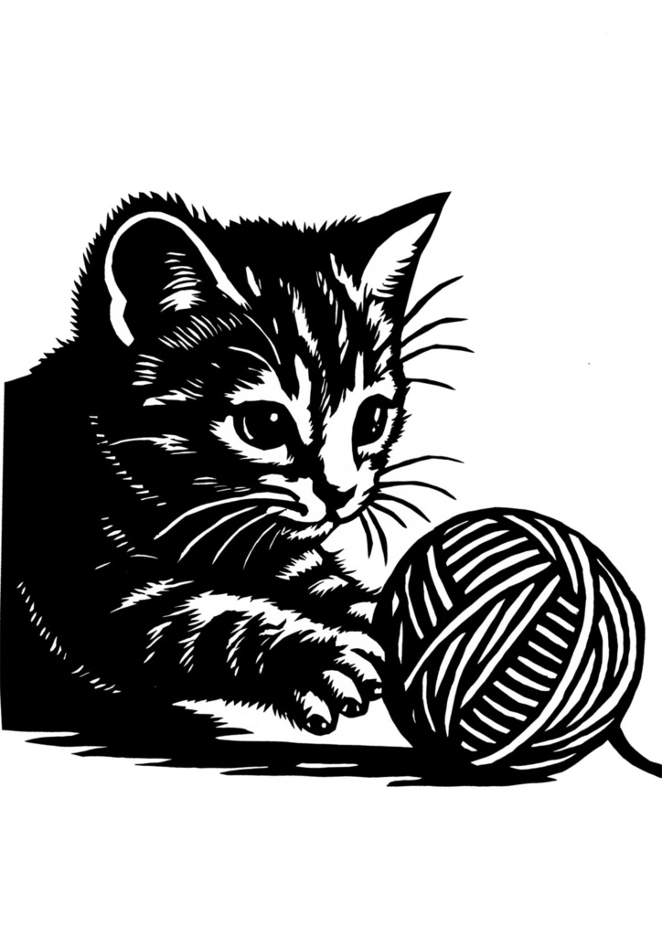 【無料・切り絵図案】子猫と毛糸玉