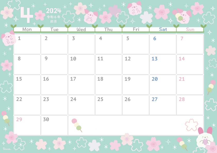 【無料版あり】2024年4月monthly calendar A4サイズ