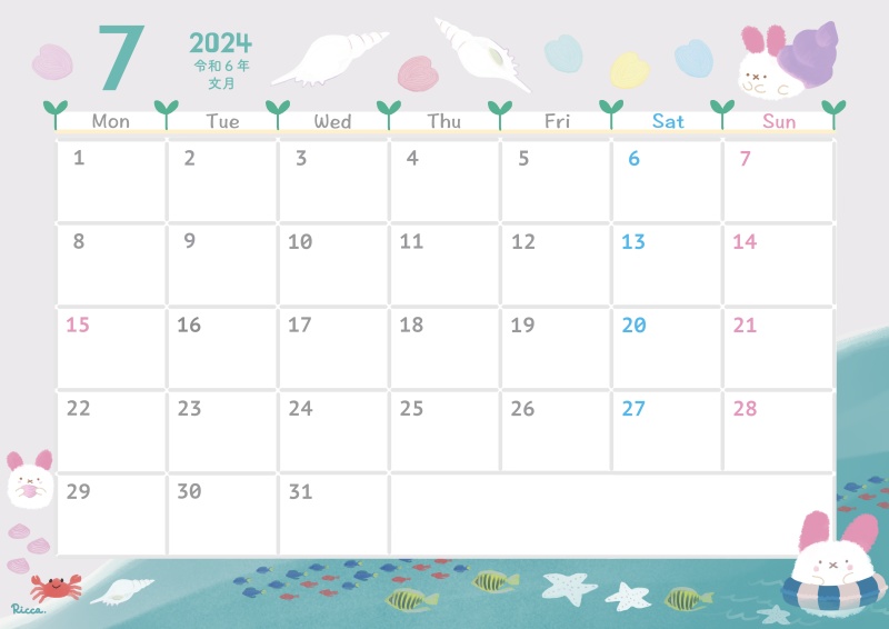 【無料版あり】2024年7月monthly calendar A4サイズ
