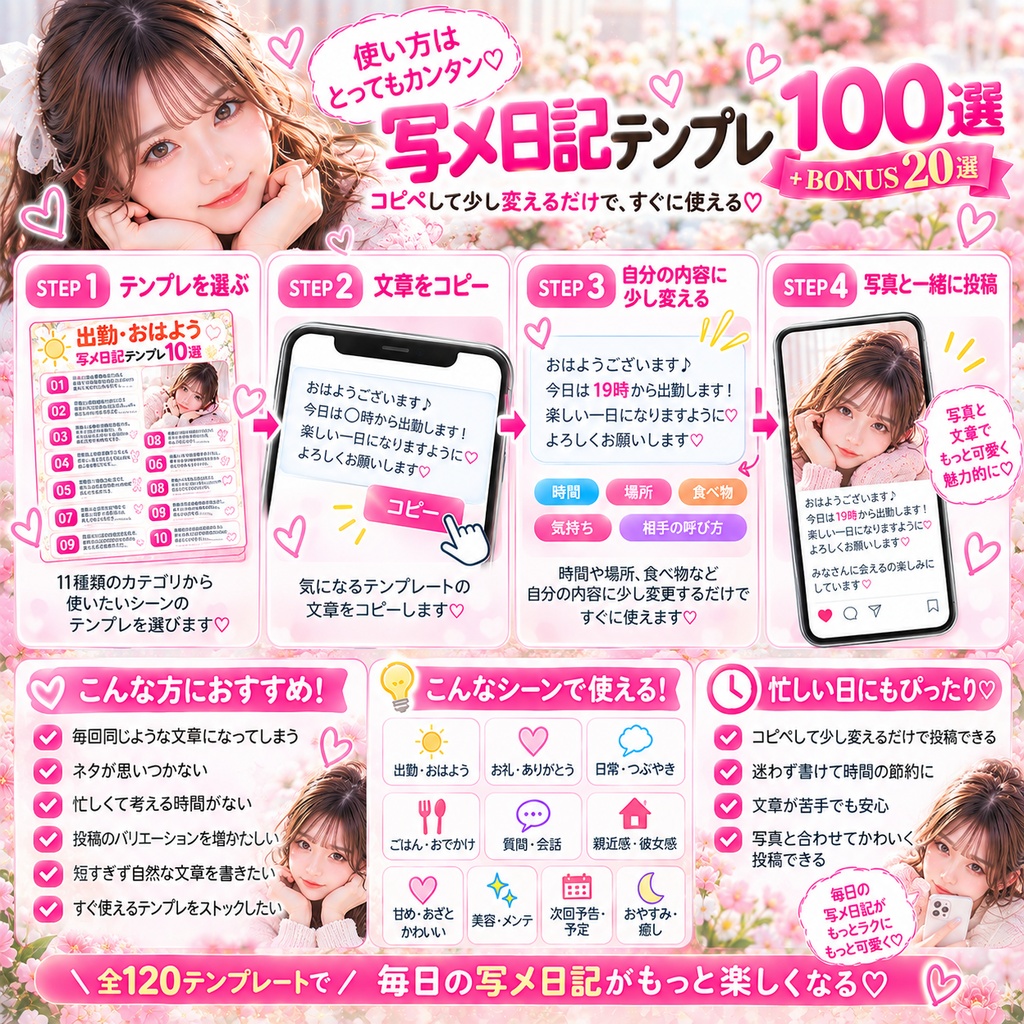 写メ日記テンプレート100選+BONUS20選|コピペ&少し変えるだけで使える文章テンプレ120個