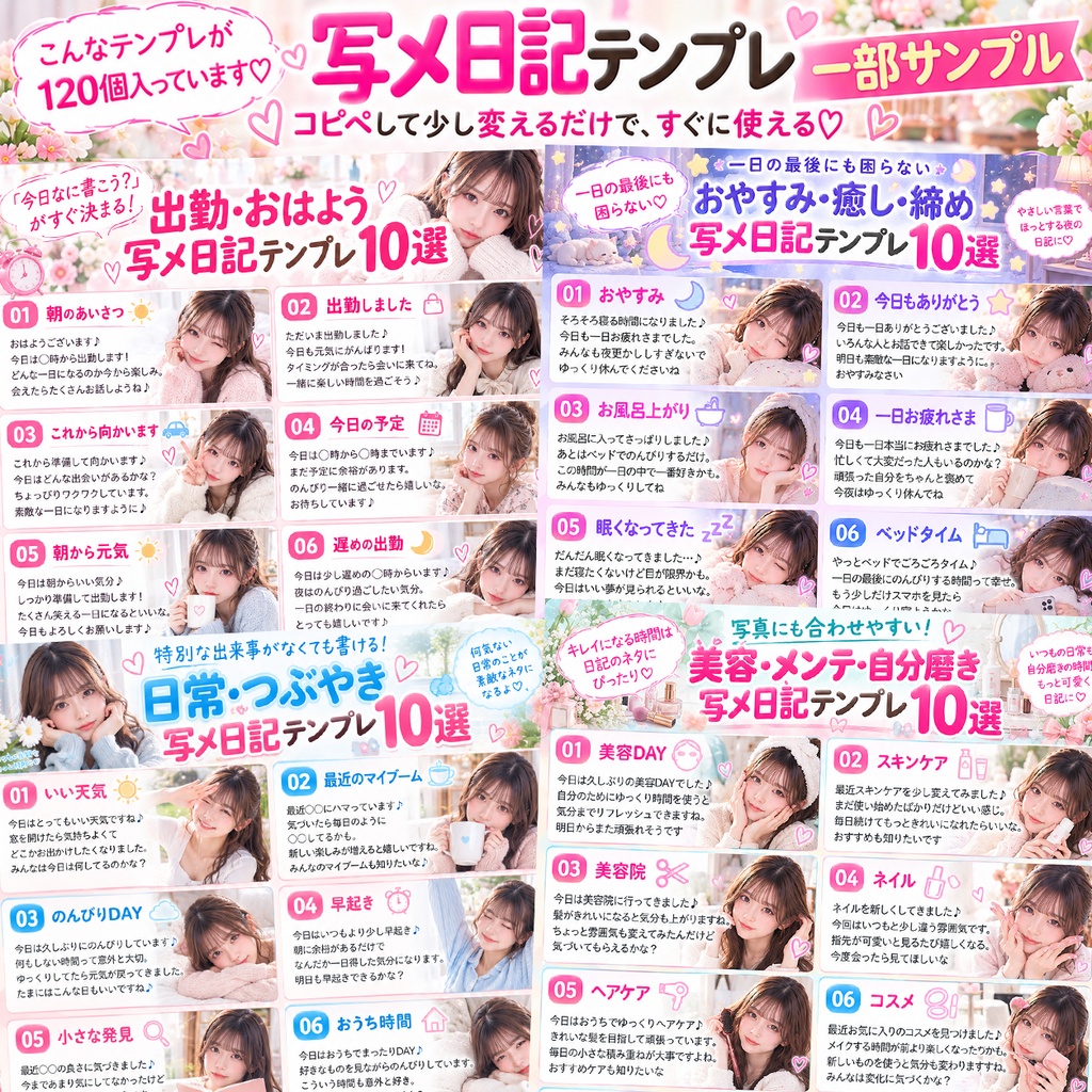 写メ日記テンプレート100選+BONUS20選|コピペ&少し変えるだけで使える文章テンプレ120個