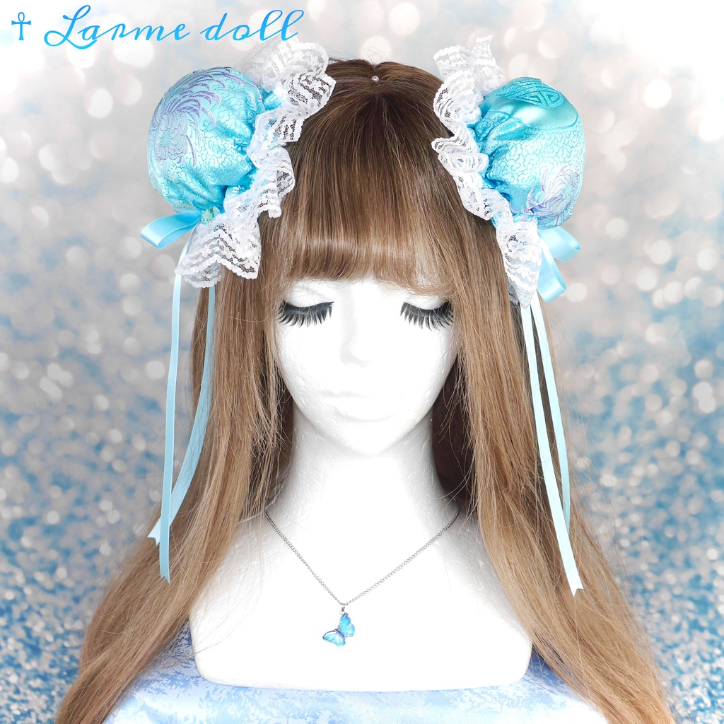 【受注生産】《☥》ゆめかわチャイナおだんごカバー レース白 (和華水色) 取り外し可能綿クッション＋ヘアクリップ付き