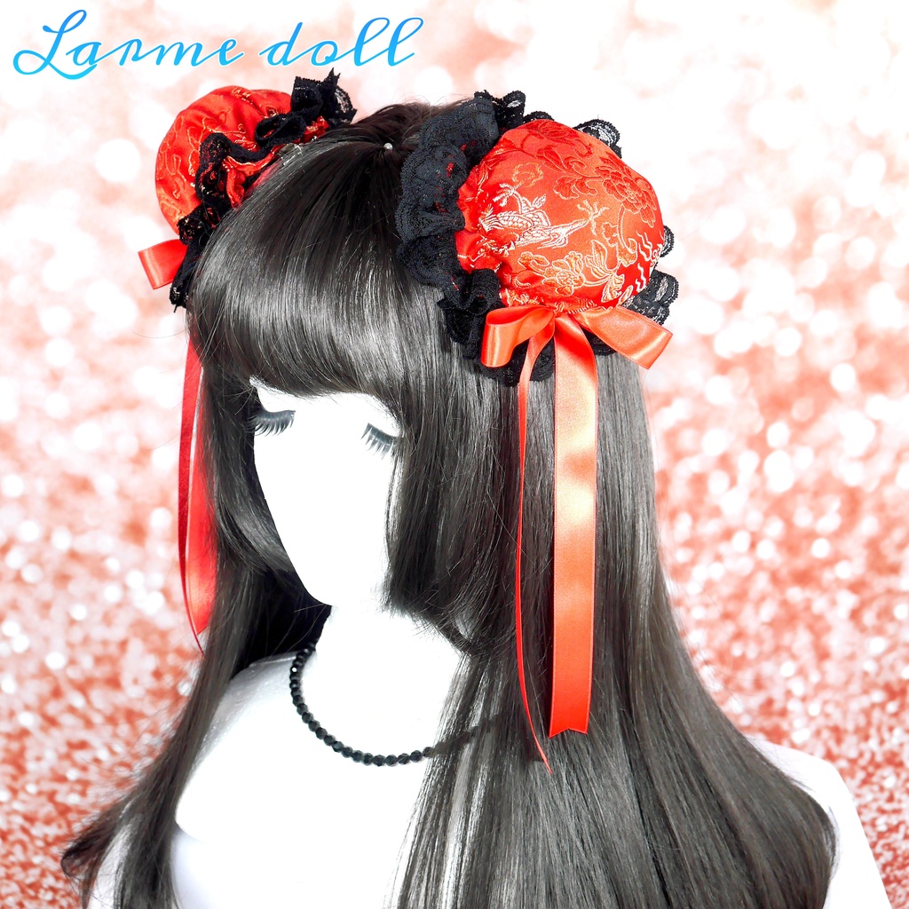 【受注生産】《☥》ゆめかわチャイナおだんごカバー レース黒 (赤) 取り外し可能綿クッション+ヘアクリップ付き