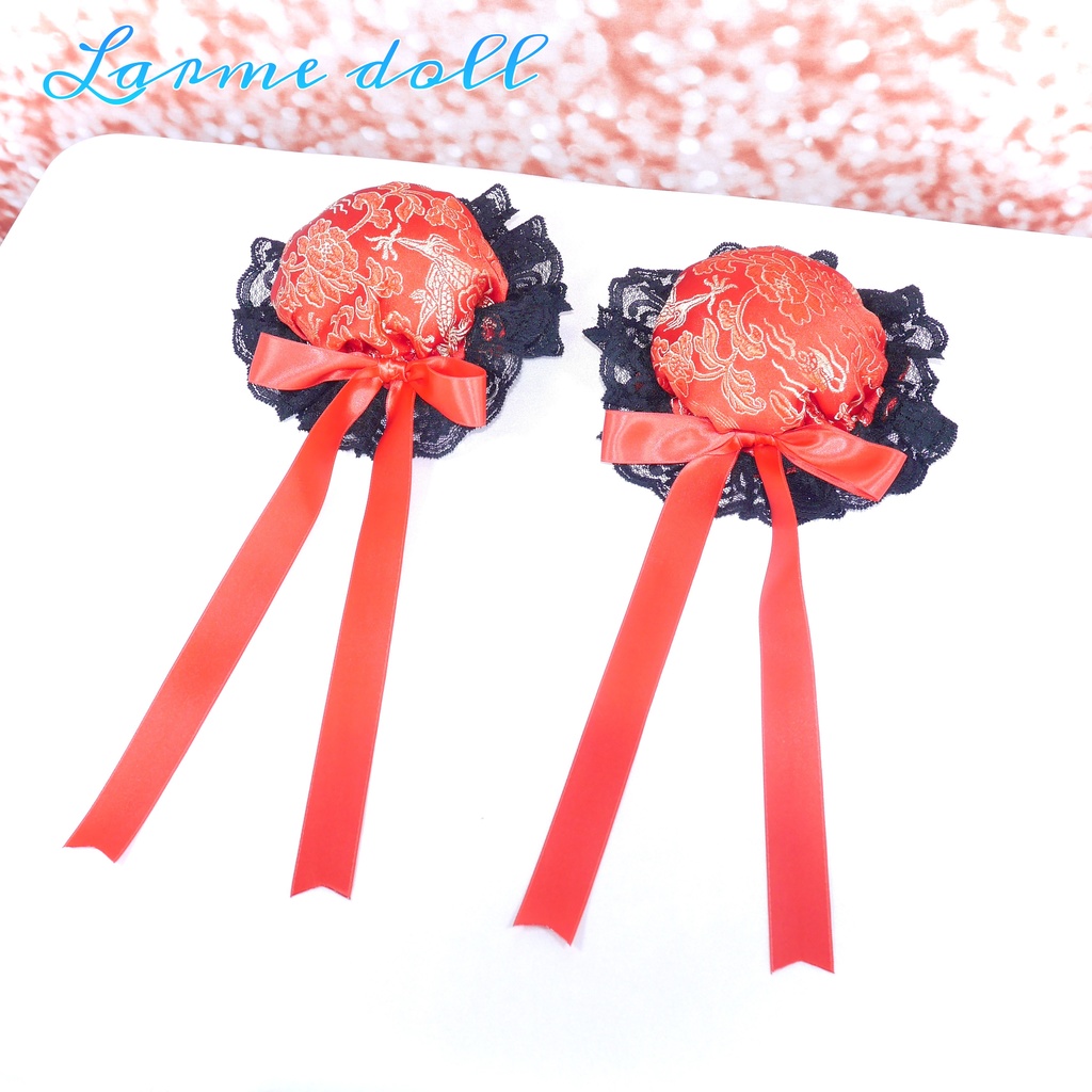 【受注生産】《☥》ゆめかわチャイナおだんごカバー レース黒 (赤) 取り外し可能綿クッション+ヘアクリップ付き