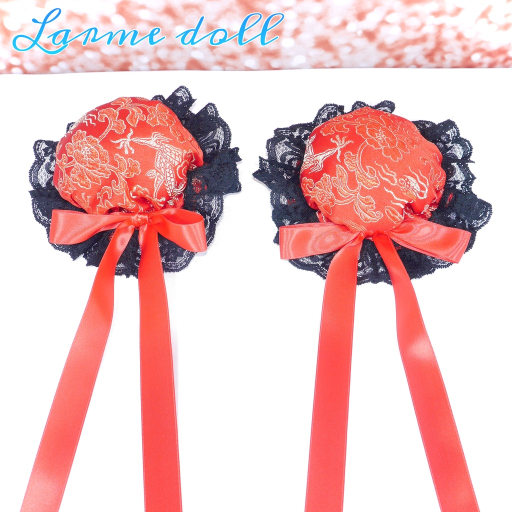 【受注生産】《☥》ゆめかわチャイナおだんごカバー レース黒 (赤) 取り外し可能綿クッション+ヘアクリップ付き