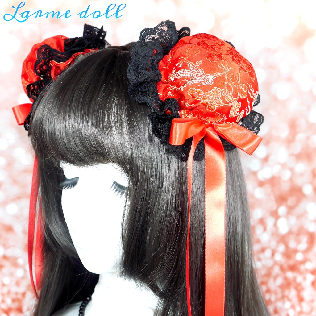 【受注生産】《☥》ゆめかわチャイナおだんごカバー レース黒 (赤) 取り外し可能綿クッション+ヘアクリップ付き