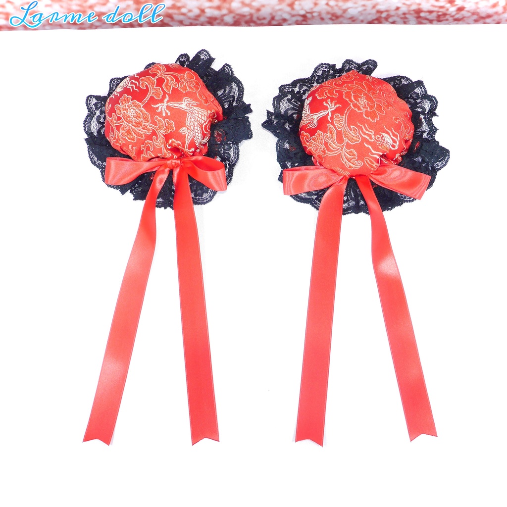 【受注生産】《☥》ゆめかわチャイナおだんごカバー レース黒 (赤) 取り外し可能綿クッション+ヘアクリップ付き