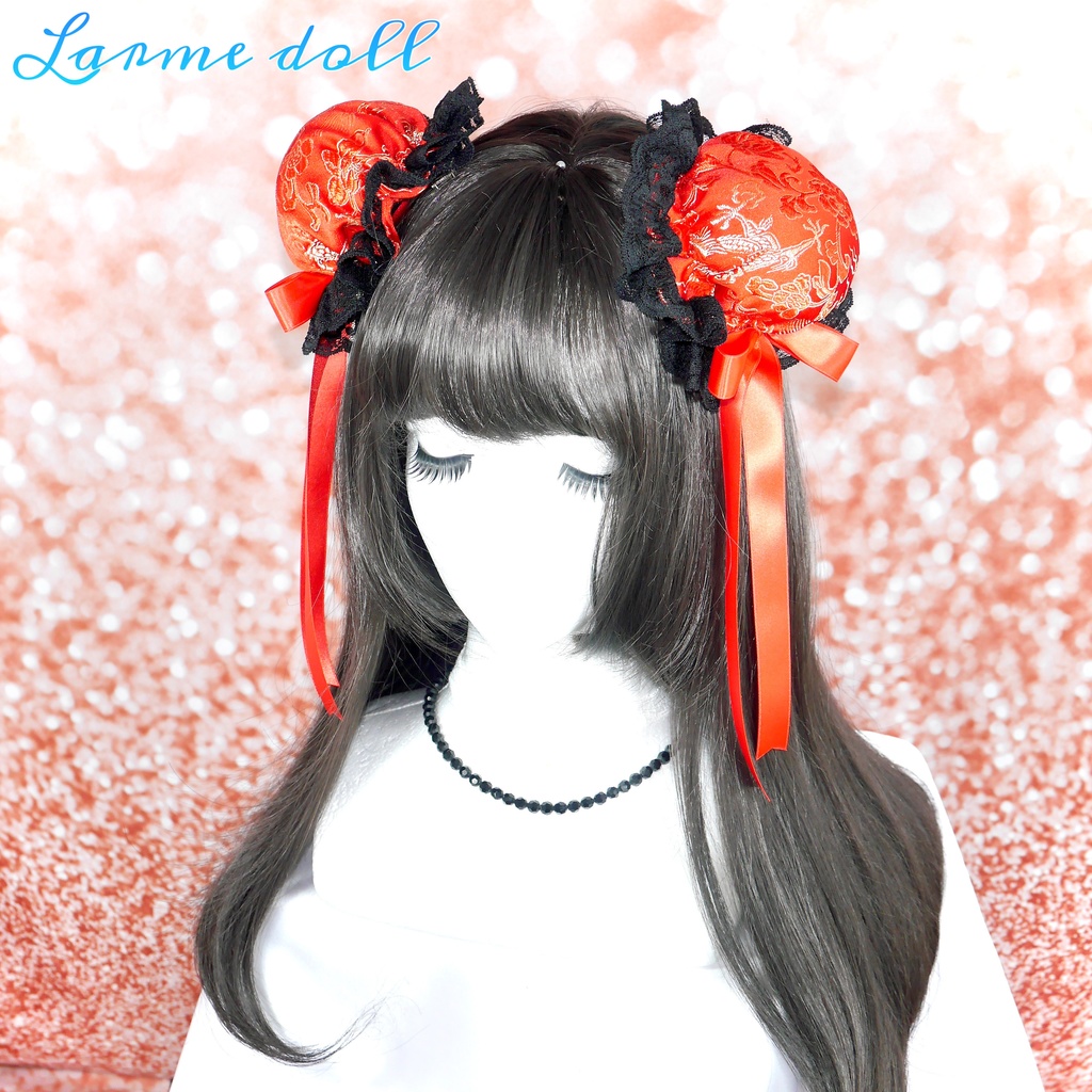 【受注生産】《☥》ゆめかわチャイナおだんごカバー レース黒 (赤) 取り外し可能綿クッション+ヘアクリップ付き