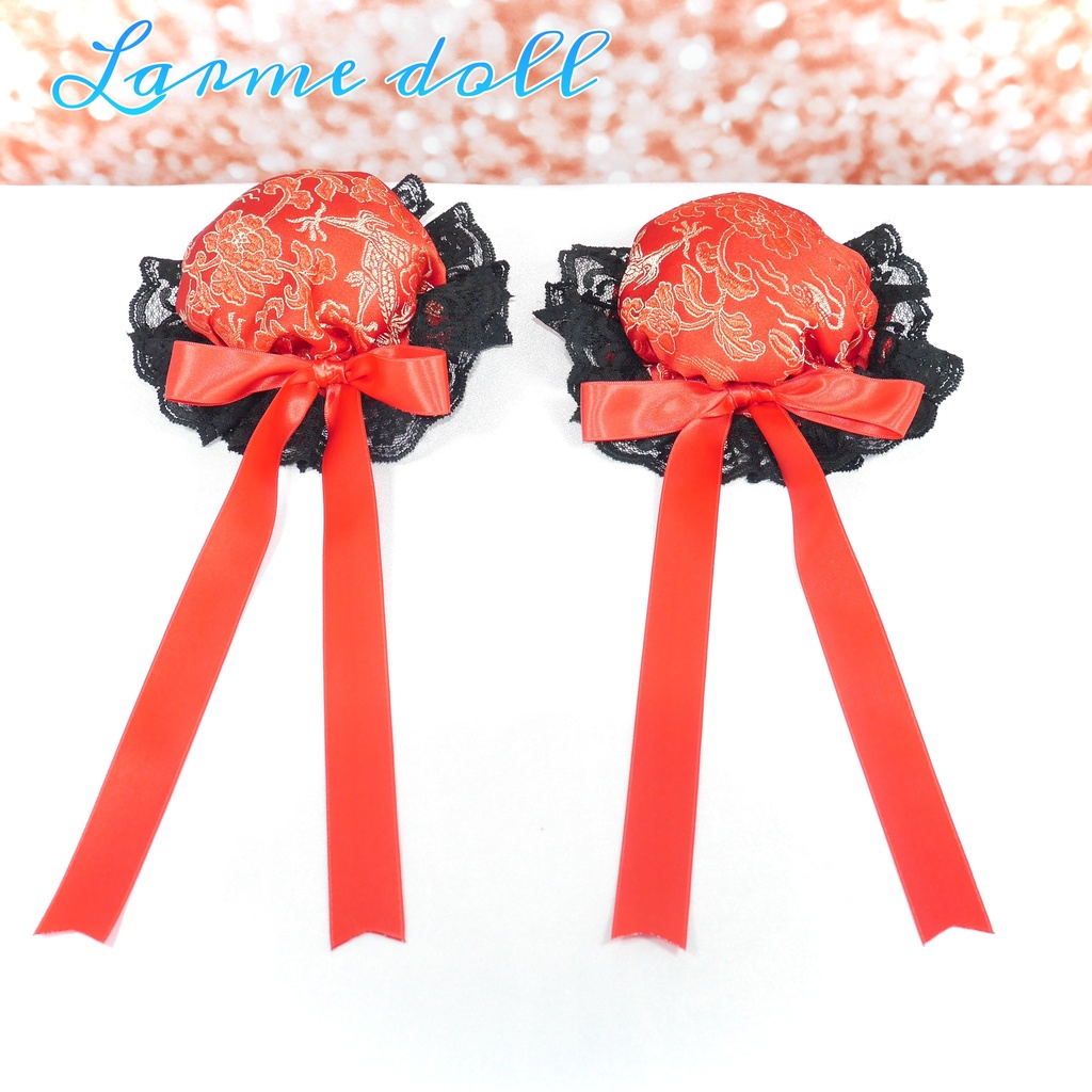 【受注生産】《☥》ゆめかわチャイナおだんごカバー レース黒 (赤) 取り外し可能綿クッション+ヘアクリップ付き