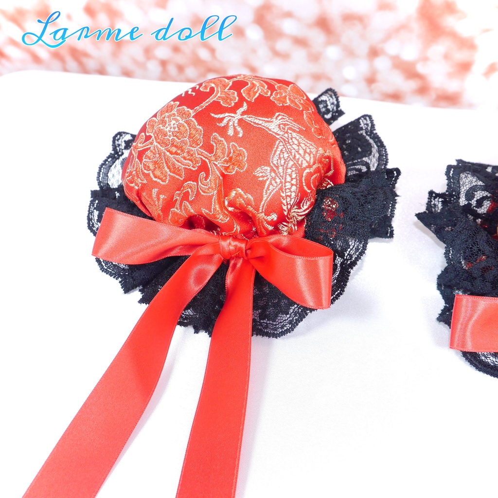 【受注生産】《☥》ゆめかわチャイナおだんごカバー レース黒 (赤) 取り外し可能綿クッション+ヘアクリップ付き