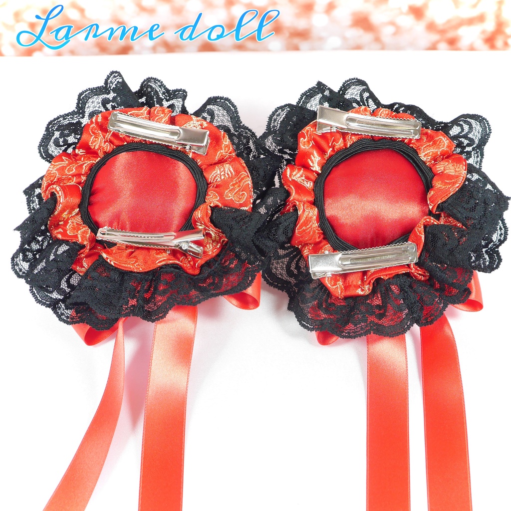 【受注生産】《☥》ゆめかわチャイナおだんごカバー レース黒 (赤) 取り外し可能綿クッション+ヘアクリップ付き