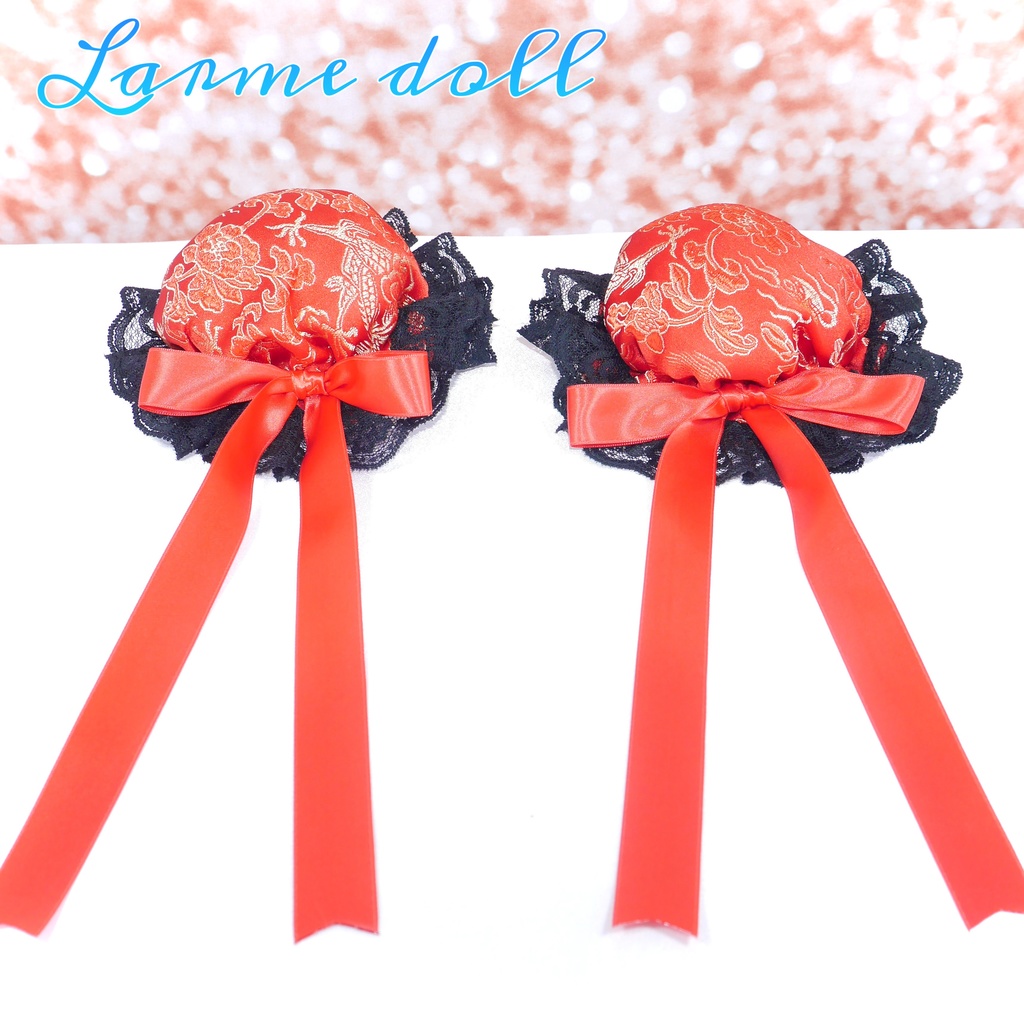 【受注生産】《☥》ゆめかわチャイナおだんごカバー レース黒 (赤) 取り外し可能綿クッション+ヘアクリップ付き