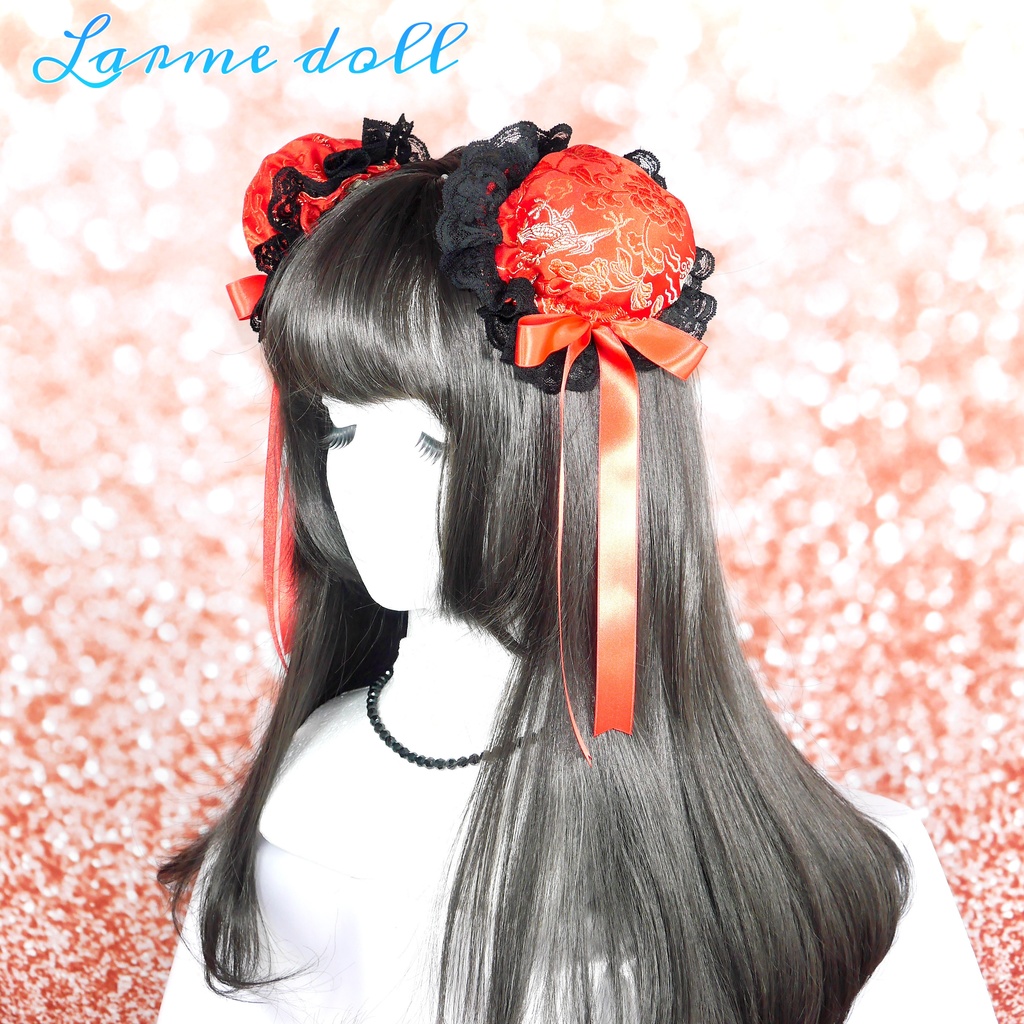 【受注生産】《☥》ゆめかわチャイナおだんごカバー レース黒 (赤) 取り外し可能綿クッション+ヘアクリップ付き