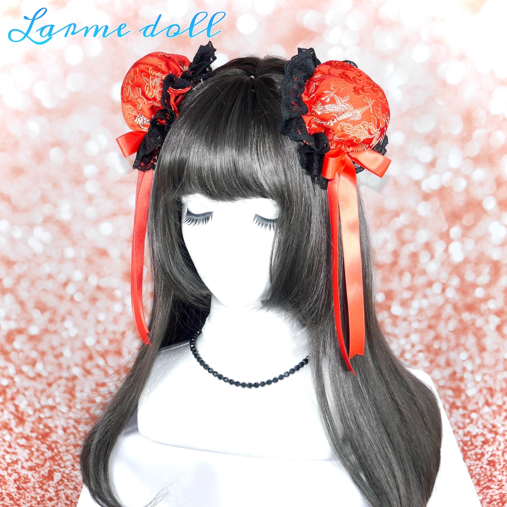 【受注生産】《☥》ゆめかわチャイナおだんごカバー レース黒 (赤) 取り外し可能綿クッション+ヘアクリップ付き