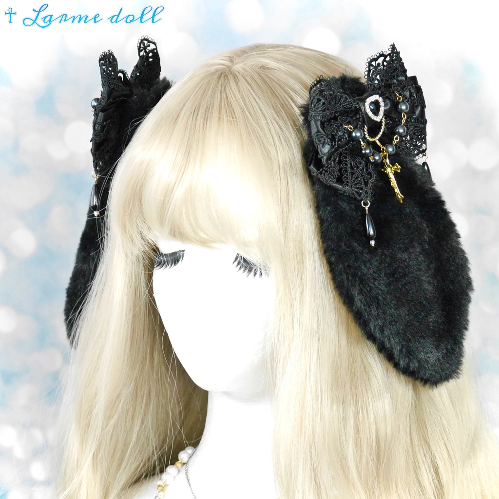 【受注生産】《☥》たれうさ耳ロリィタリボンヘアクリップ (黒)