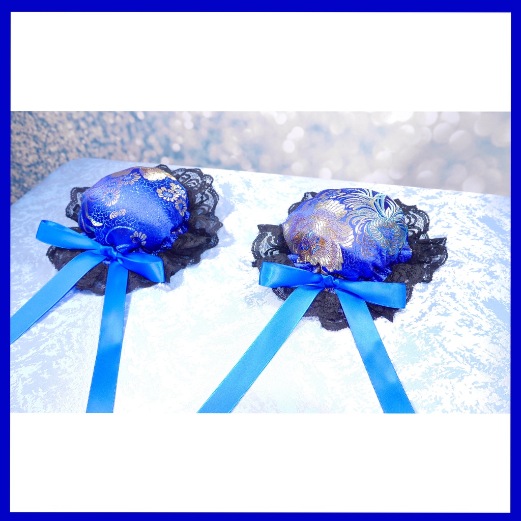 【受注生産】《☥》ゆめかわチャイナおだんごカバー レース黒 (和華青) 取り外し可能綿クッション+ヘアクリップ付き