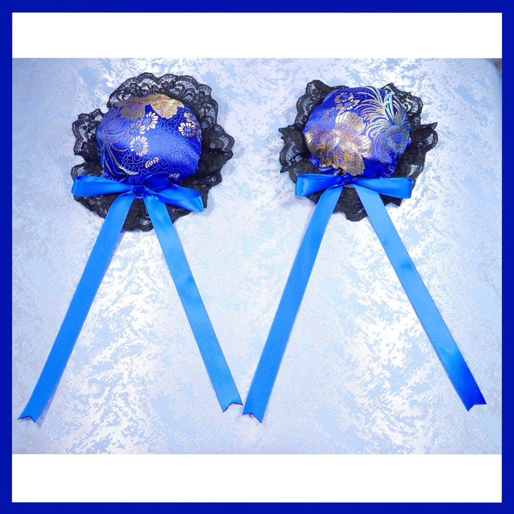 【受注生産】《☥》ゆめかわチャイナおだんごカバー レース黒 (和華青) 取り外し可能綿クッション+ヘアクリップ付き