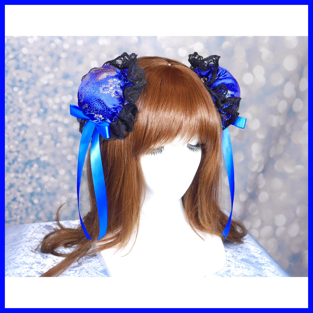 【受注生産】《☥》ゆめかわチャイナおだんごカバー レース黒 (和華青) 取り外し可能綿クッション+ヘアクリップ付き