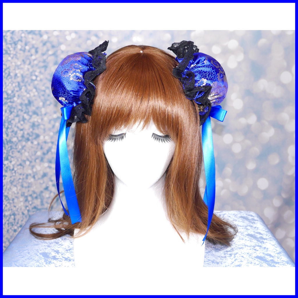 【受注生産】《☥》ゆめかわチャイナおだんごカバー レース黒 (和華青) 取り外し可能綿クッション+ヘアクリップ付き