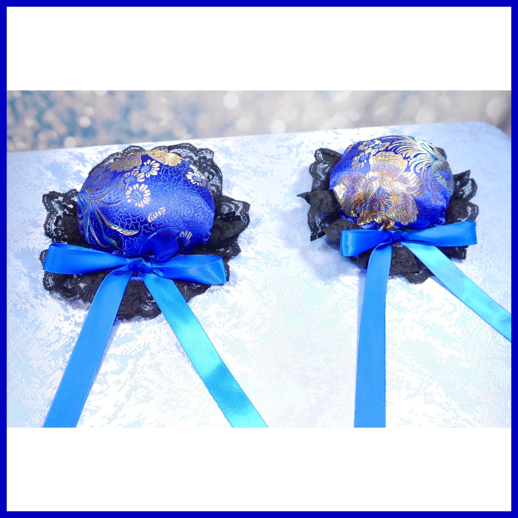 【受注生産】《☥》ゆめかわチャイナおだんごカバー レース黒 (和華青) 取り外し可能綿クッション+ヘアクリップ付き