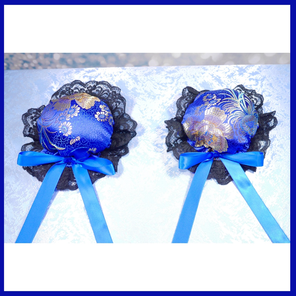 【受注生産】《☥》ゆめかわチャイナおだんごカバー レース黒 (和華青) 取り外し可能綿クッション+ヘアクリップ付き