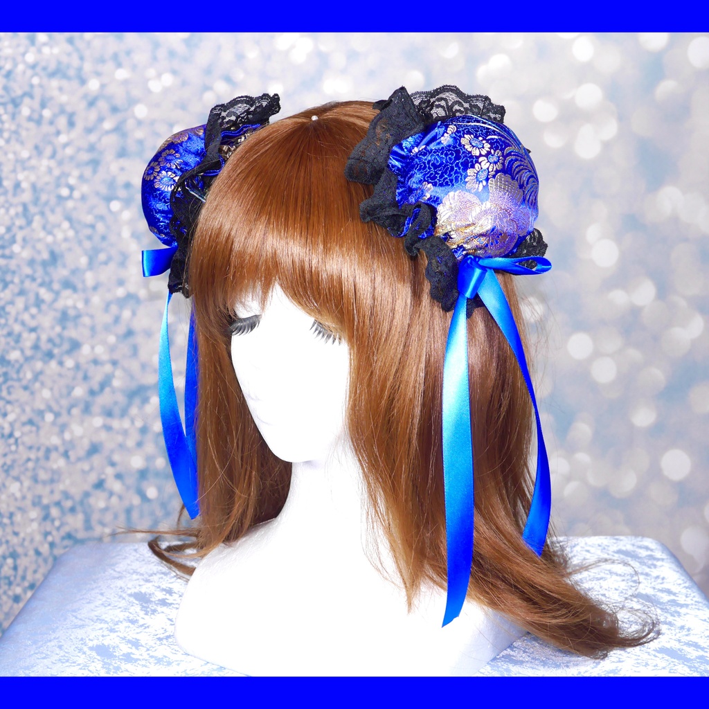 【受注生産】《☥》ゆめかわチャイナおだんごカバー レース黒 (和華青) 取り外し可能綿クッション+ヘアクリップ付き