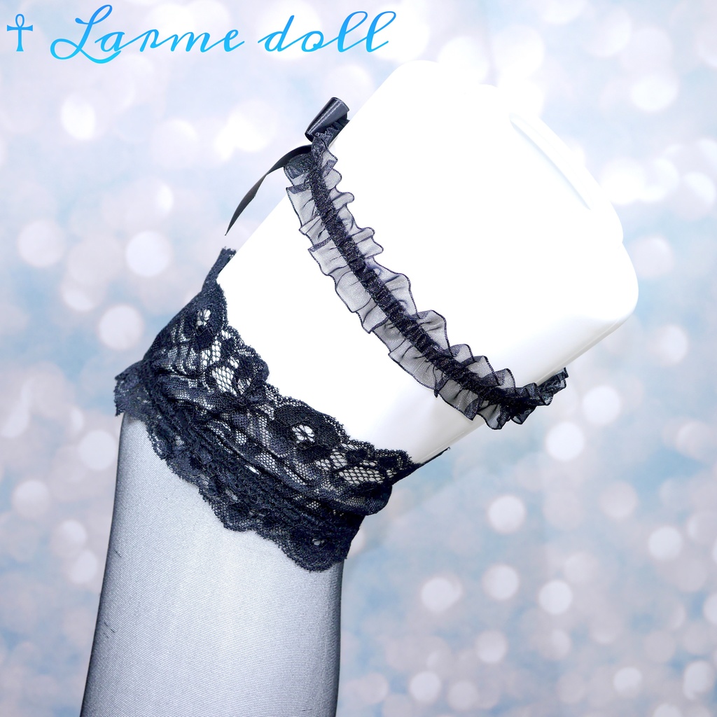 【受注生産】《☥》オーガンジーレースガーターリング(レース黒)(リボンノーマルver.)(クリップ無し)(タイプA)