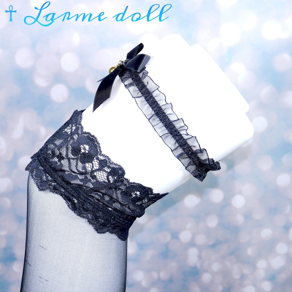 【受注生産】《☥》オーガンジーレースガーターリング(レース黒)(リボンノーマルver.)(クリップ無し)(タイプA)