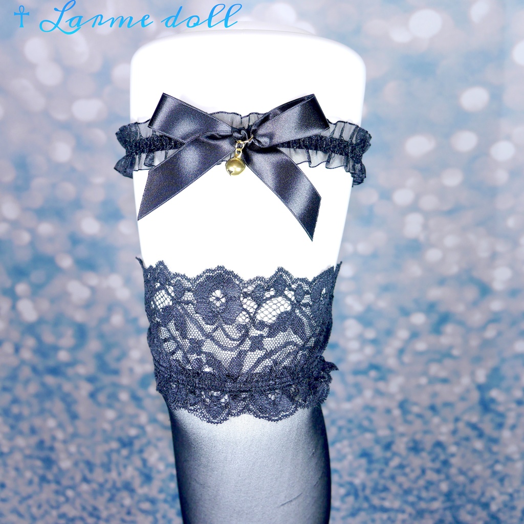 【受注生産】《☥》オーガンジーレースガーターリング(レース黒)(リボンノーマルver.)(クリップ無し)(タイプA)