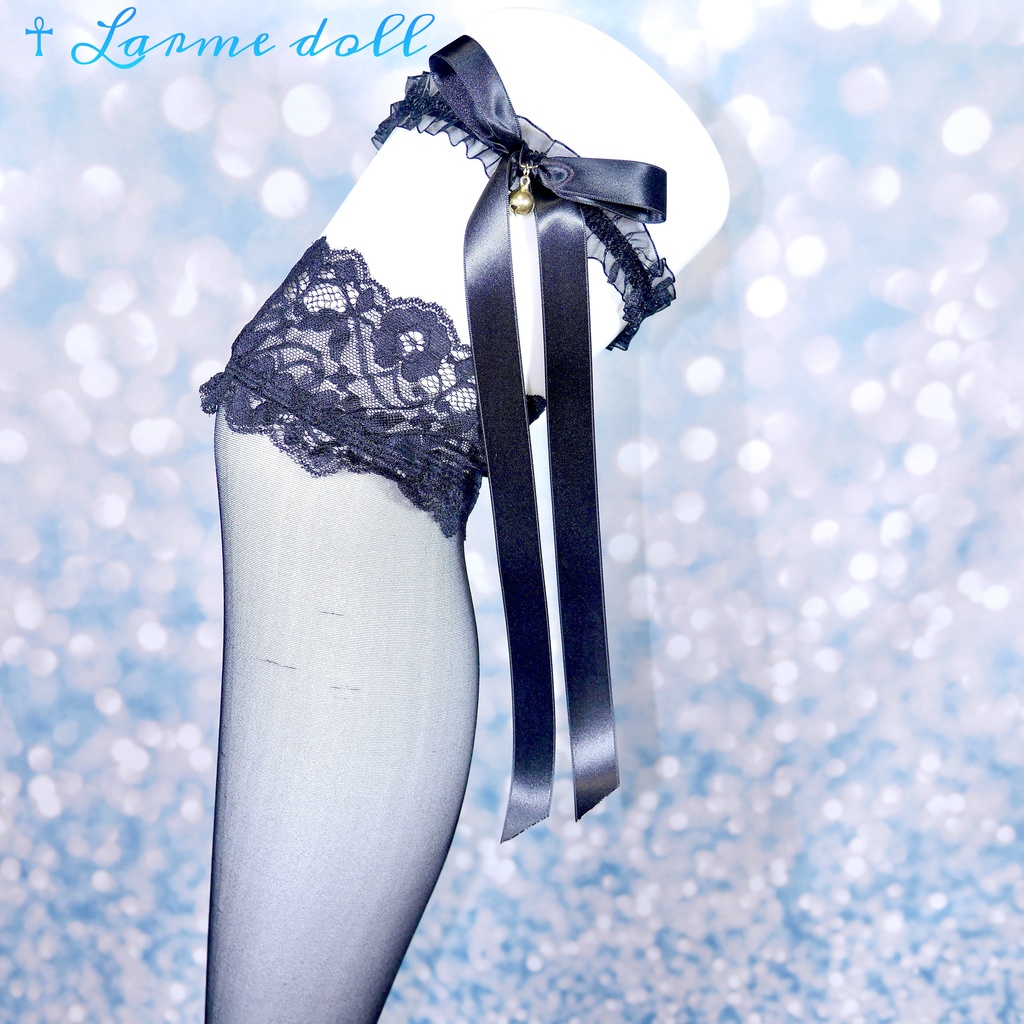 【受注生産】《☥》オーガンジーレースガーターリング(レース黒)(リボンロングver.)(クリップ無し)(タイプA)