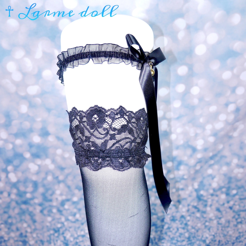 【受注生産】《☥》オーガンジーレースガーターリング(レース黒)(リボンロングver.)(クリップ無し)(タイプA)