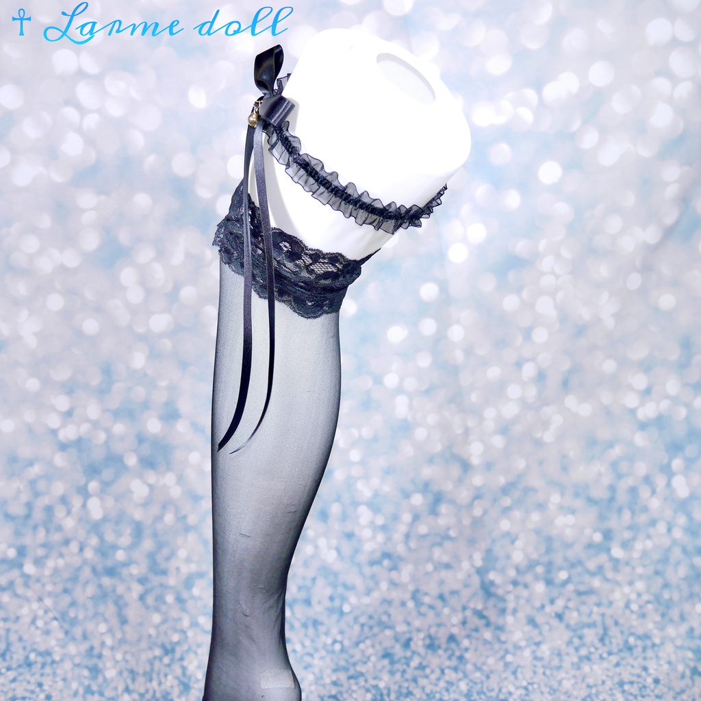 【受注生産】《☥》オーガンジーレースガーターリング(レース黒)(リボンロングver.)(クリップ無し)(タイプA)