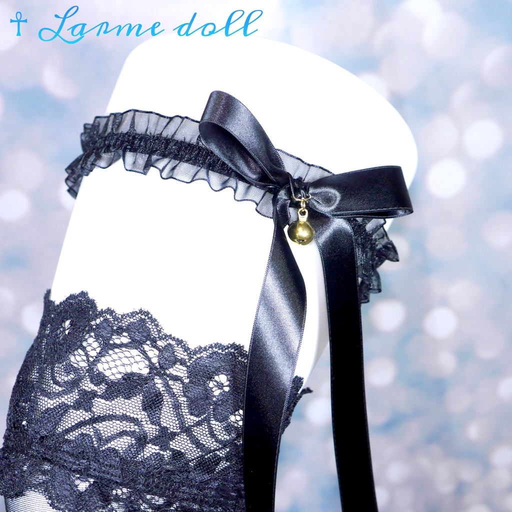 【受注生産】《☥》オーガンジーレースガーターリング(レース黒)(リボンロングver.)(クリップ無し)(タイプA)