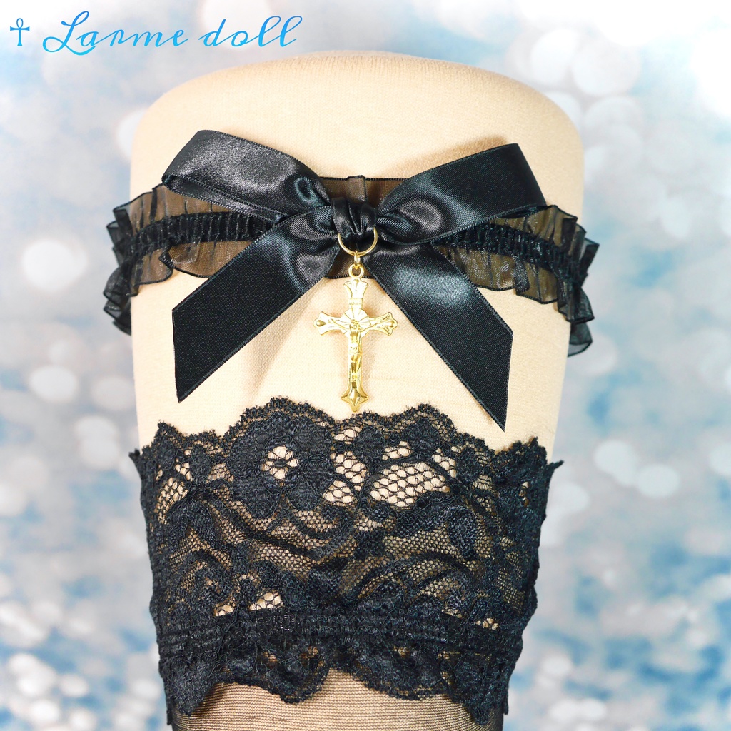 【受注生産】《☥》オーガンジーレースガーターリング(レース黒)(リボンノーマルver.)(クリップ無し)(タイプB)
