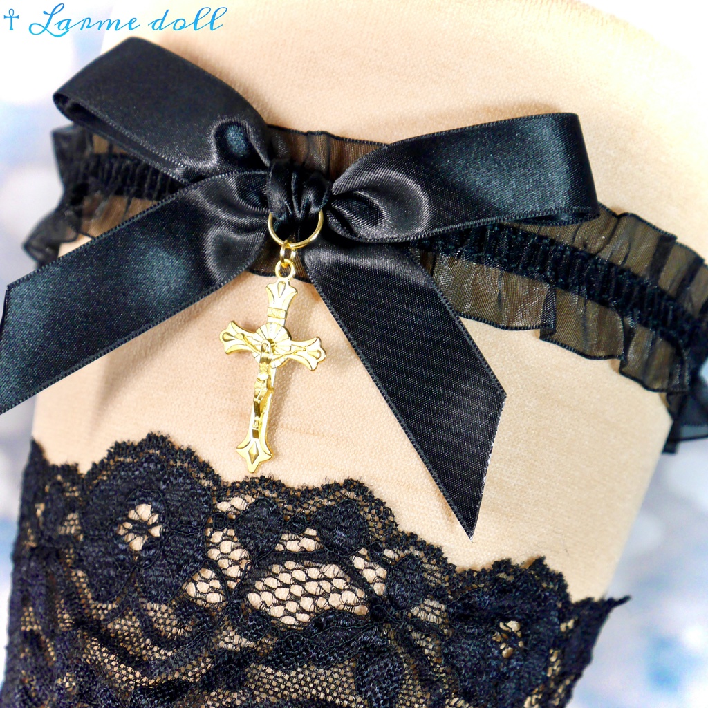 【受注生産】《☥》オーガンジーレースガーターリング(レース黒)(リボンノーマルver.)(クリップ無し)(タイプB)