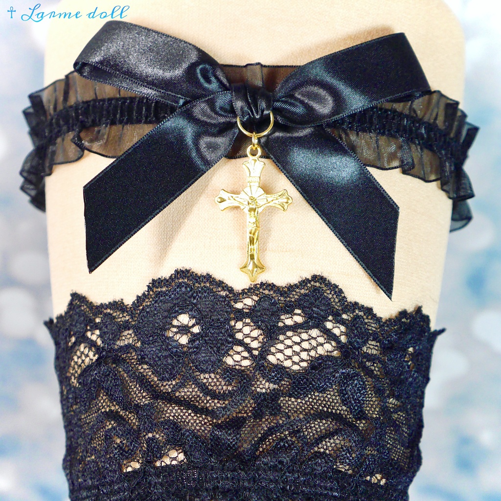 【受注生産】《☥》オーガンジーレースガーターリング(レース黒)(リボンノーマルver.)(クリップ無し)(タイプB)