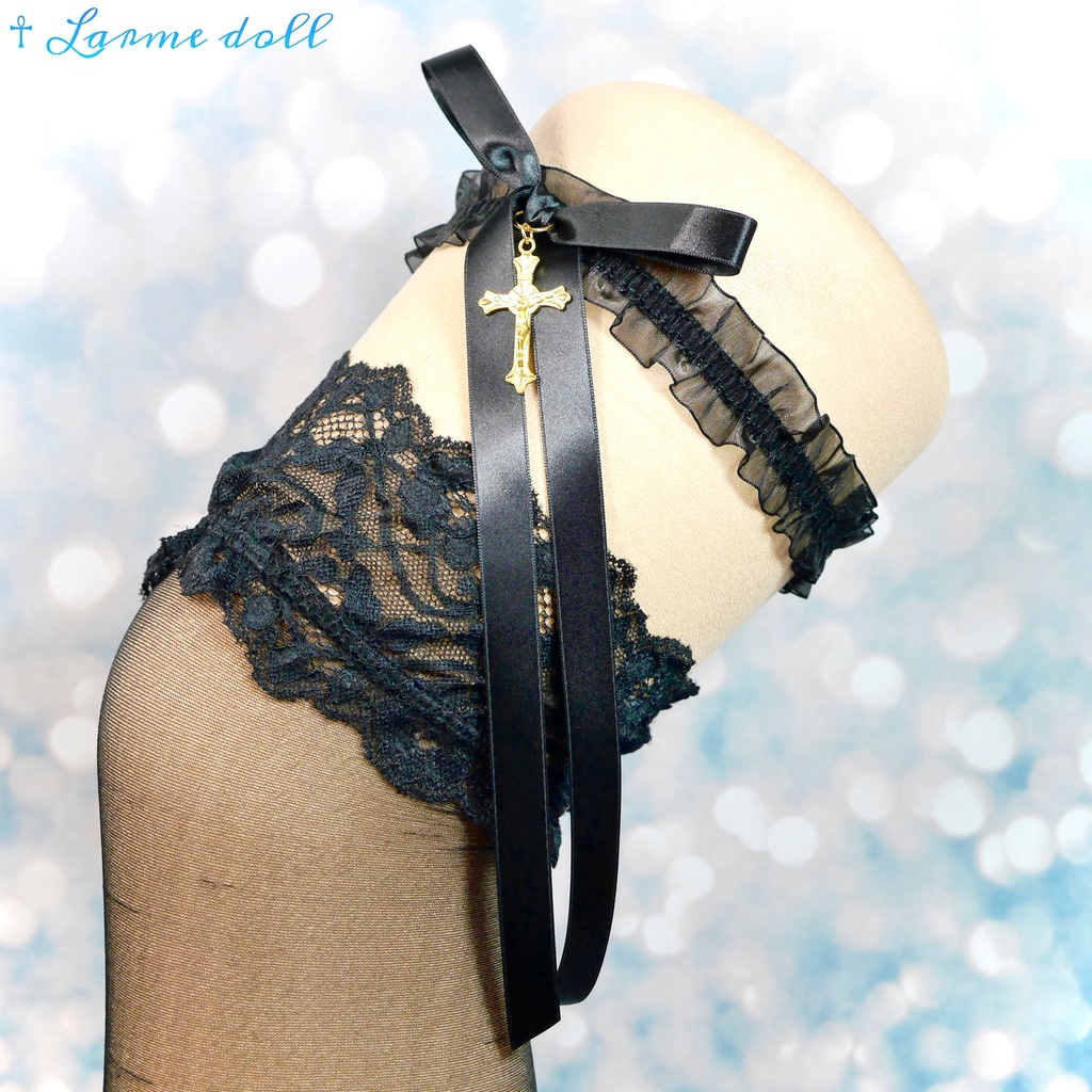 【受注生産】オーガンジーレースガーターリング(レース黒)(リボンロングver.)(クリップ無し)(タイプB)