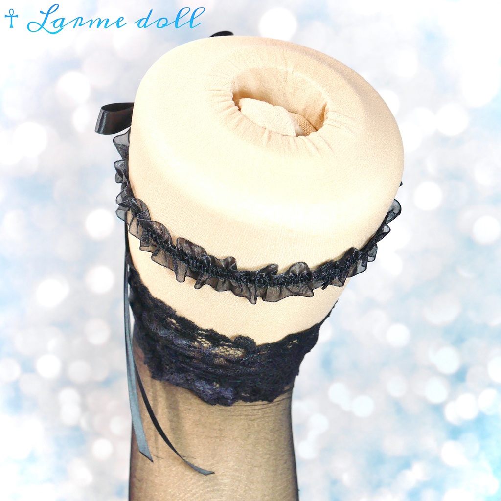 【受注生産】オーガンジーレースガーターリング(レース黒)(リボンロングver.)(クリップ無し)(タイプB)