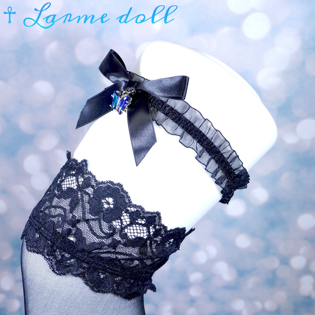 【受注生産】オーガンジーレースガーターリング(レース黒)(リボンノーマルver.)(クリップ無し)(タイプC)