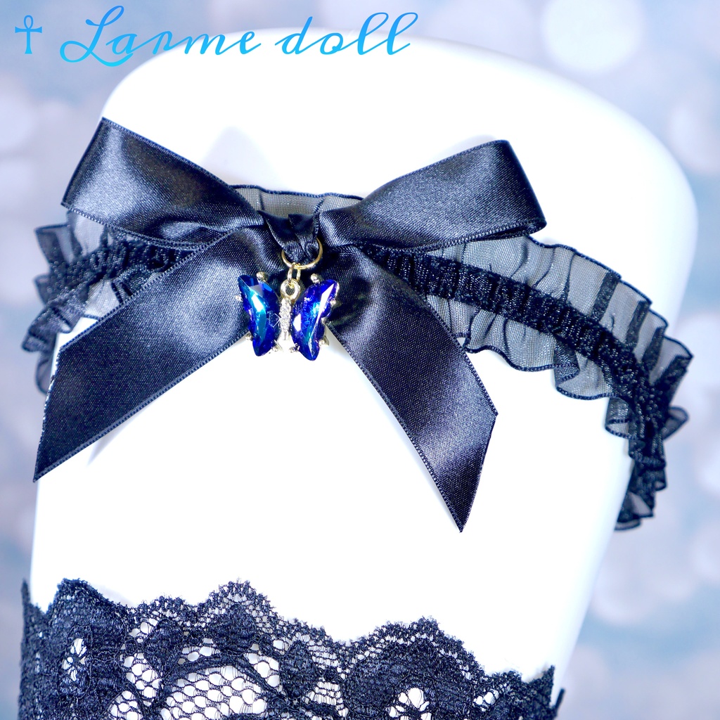 【受注生産】オーガンジーレースガーターリング(レース黒)(リボンノーマルver.)(クリップ無し)(タイプC)