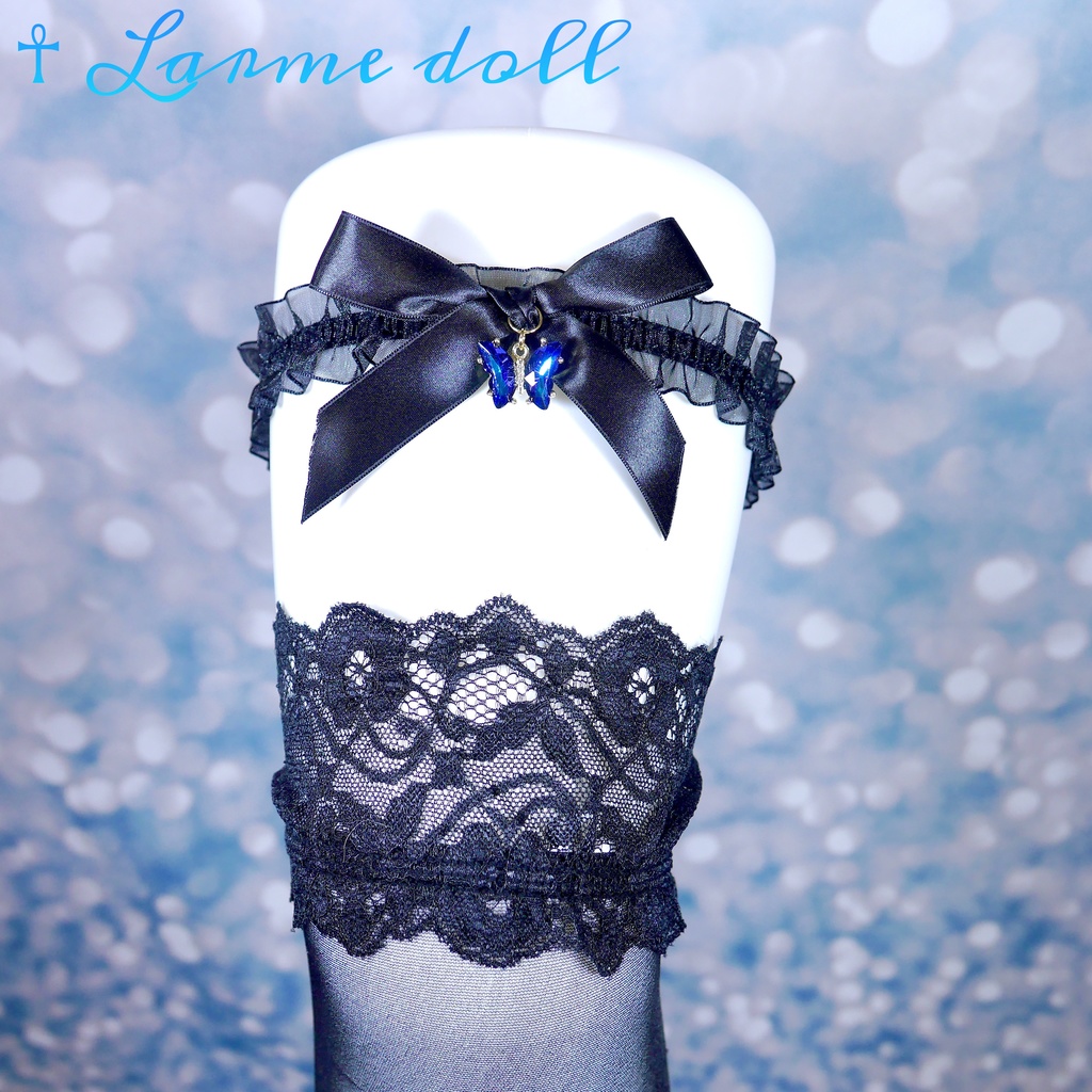 【受注生産】オーガンジーレースガーターリング(レース黒)(リボンノーマルver.)(クリップ無し)(タイプC)