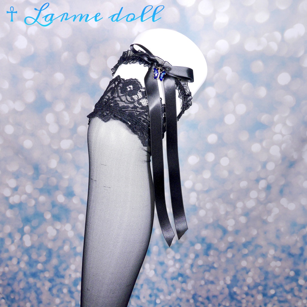 【受注生産】《☥》オーガンジーレースガーターリング(レース黒)(リボンロングver.)(クリップ無し)(タイプC)