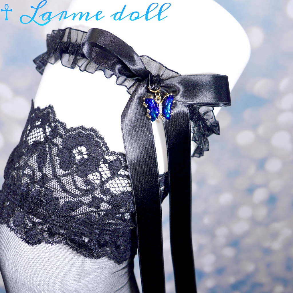 【受注生産】《☥》オーガンジーレースガーターリング(レース黒)(リボンロングver.)(クリップ無し)(タイプC)