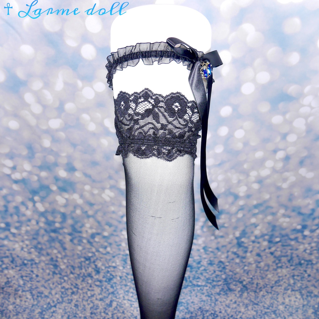 【受注生産】《☥》オーガンジーレースガーターリング(レース黒)(リボンロングver.)(クリップ無し)(タイプC)
