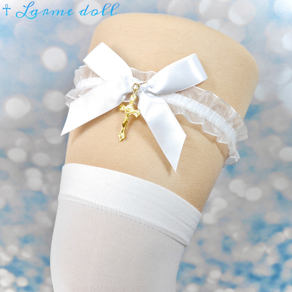 【受注生産】《☥》オーガンジーレースガーターリング(レース白)(リボンノーマルVer.)(クリップ無し)(タイプB)