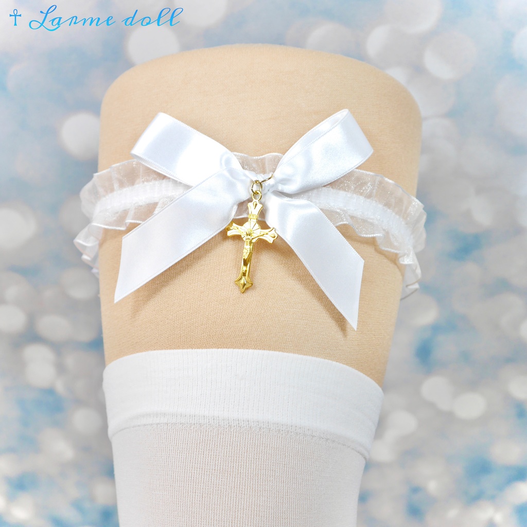 【受注生産】《☥》オーガンジーレースガーターリング(レース白)(リボンノーマルVer.)(クリップ無し)(タイプB)