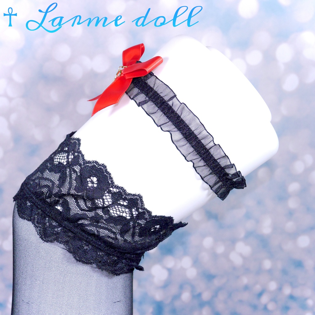 【受注生産】《☥》オーガンジーレースガーターリング(レース黒)(リボンノーマルVer.)(クリップ無し)(タイプB)