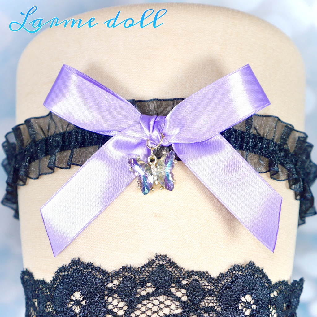 【受注生産】《☥》オーガンジーレースガーターリング(レース黒)(リボンノーマルVer.)(クリップ無し)(タイプC)