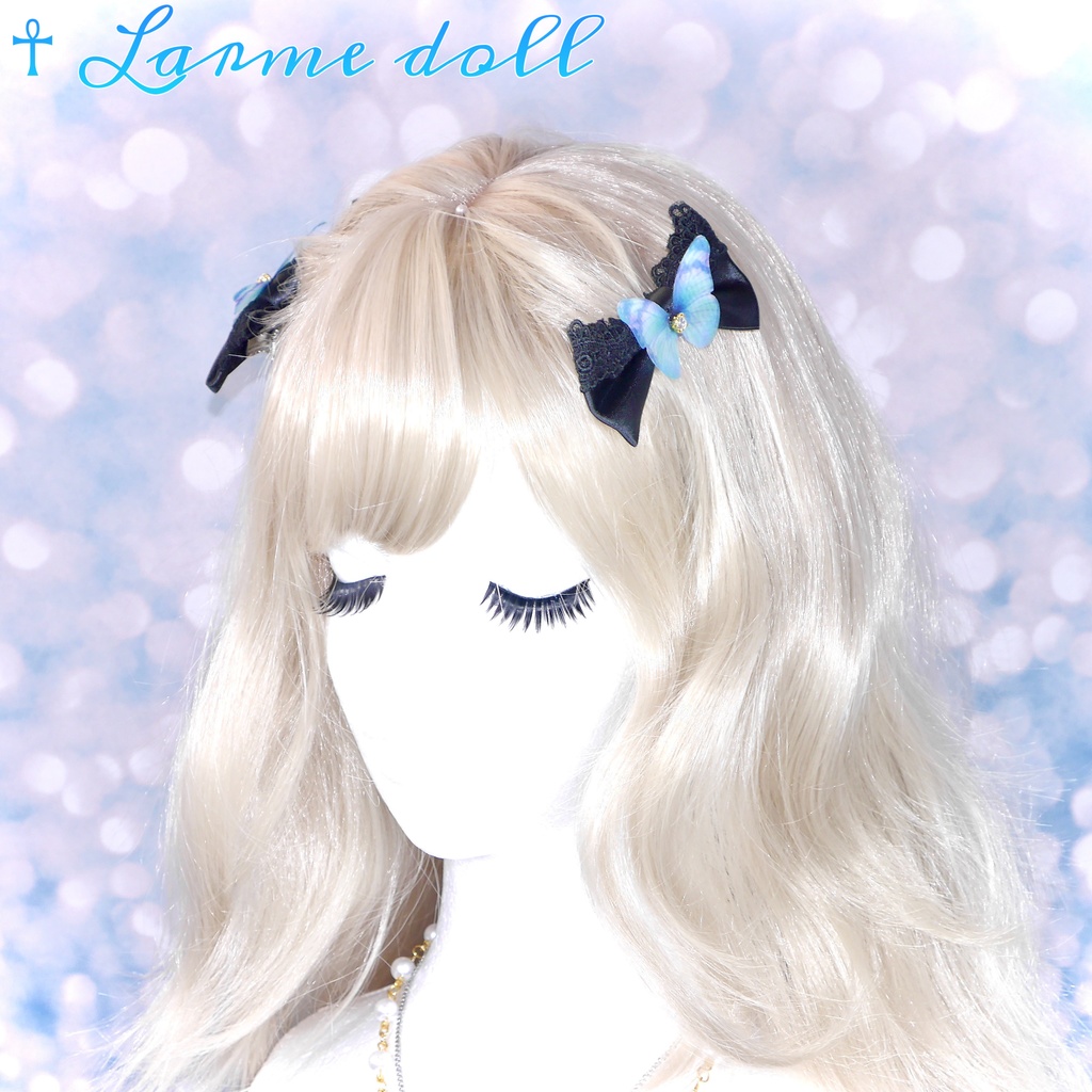 【完成品】【一点物】《☥》蝶々リボンヘアクリップ(リボンカラー▷黒)